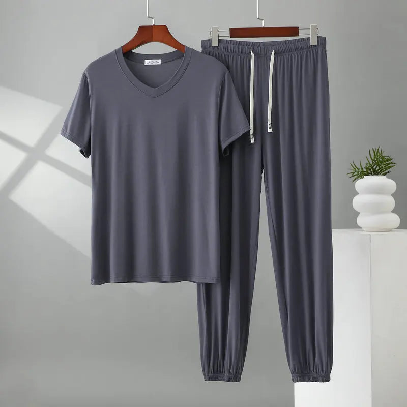 Herren Schlafanzug Modal kurzarm – Pyjama Set V-Ausschnitt – Produktansicht 20