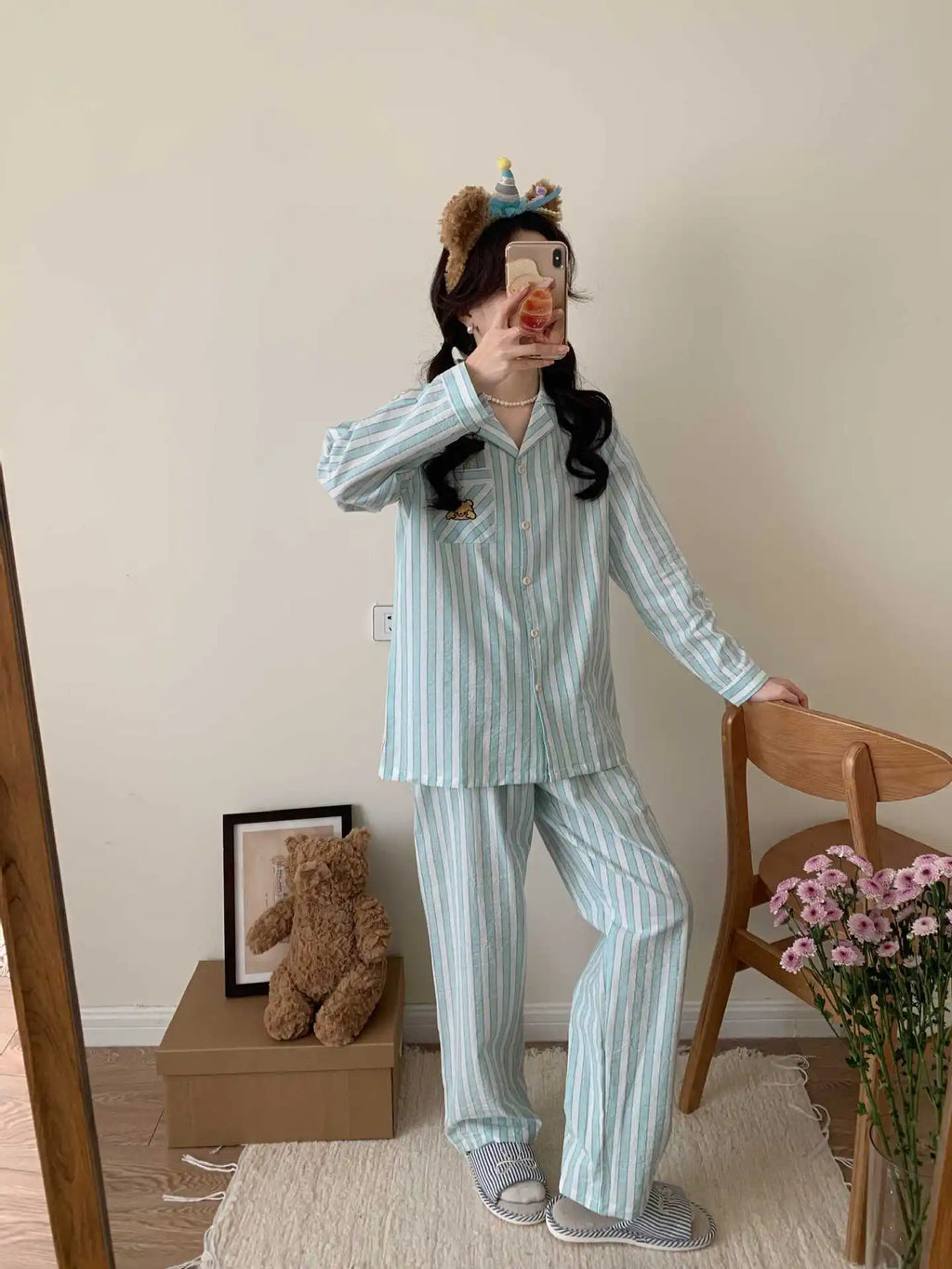 Damen Schlafanzug lang gestreift Baumwolle – Pyjama Set – Produktansicht 15