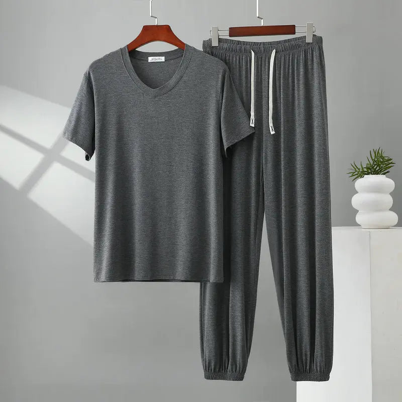 Herren Schlafanzug Modal kurzarm – Pyjama Set V-Ausschnitt – Produktansicht 25