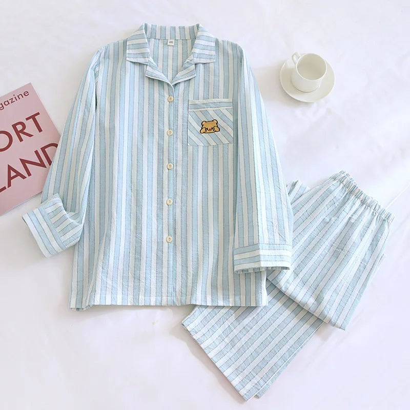 Damen Schlafanzug lang gestreift Baumwolle – Pyjama Set – Produktansicht 18