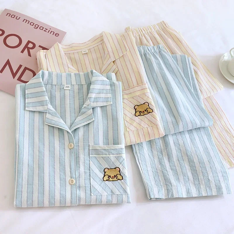 Damen Schlafanzug lang gestreift Baumwolle – Pyjama Set – Produktansicht 2
