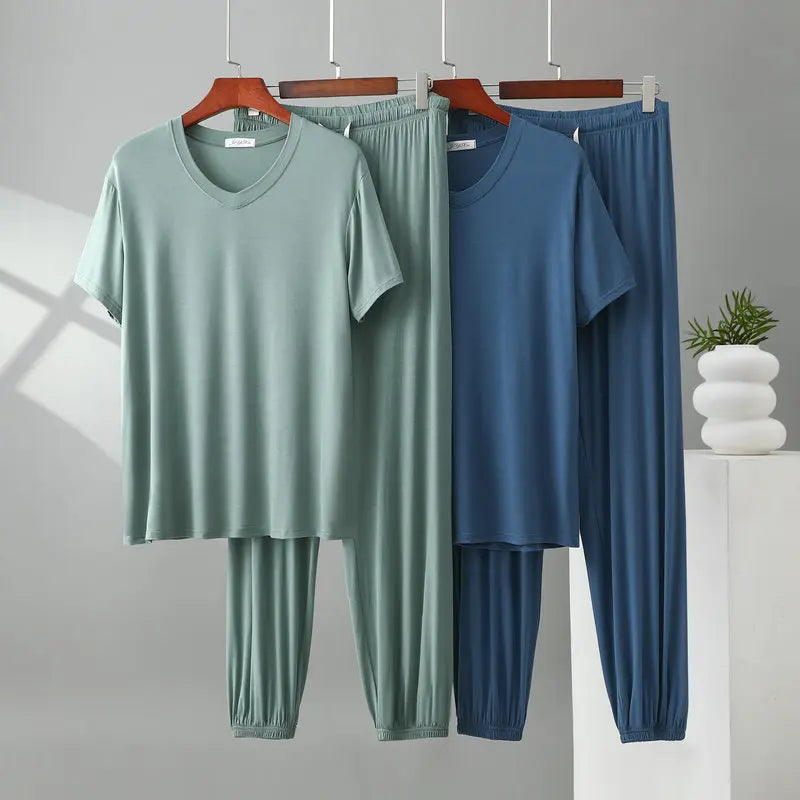 Herren Schlafanzug Modal kurzarm – Pyjama Set V-Ausschnitt – Produktansicht 1