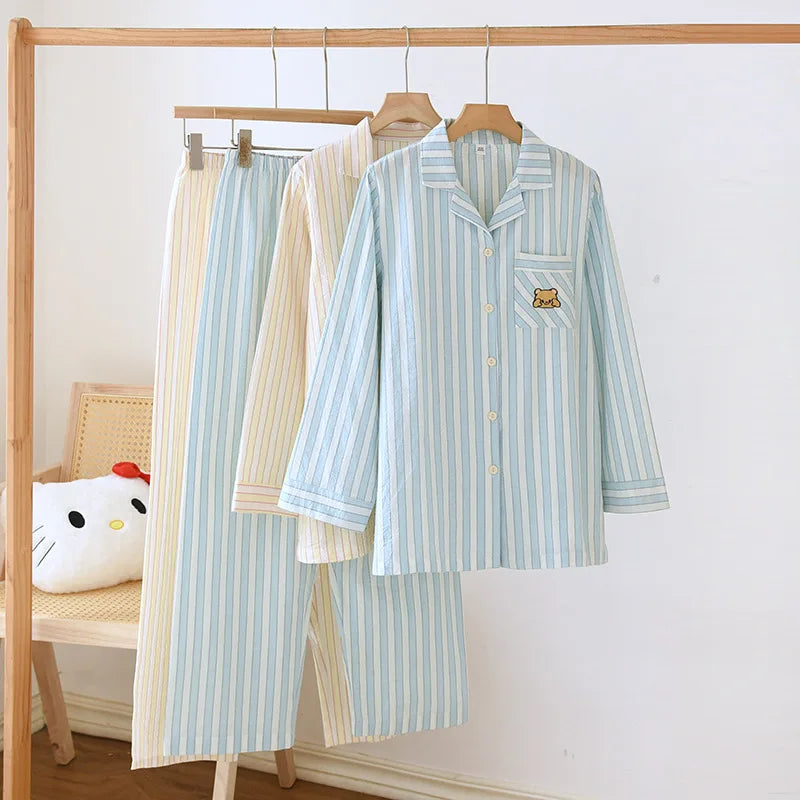 Damen Schlafanzug lang gestreift Baumwolle – Pyjama Set – Produktansicht 7