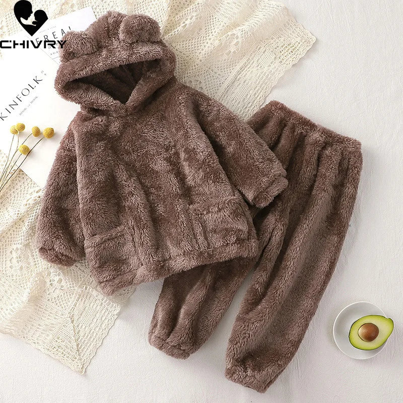 Kinder Schlafanzug Fleece Bär Kapuze – warmer Pyjama Winter – Produktansicht 1