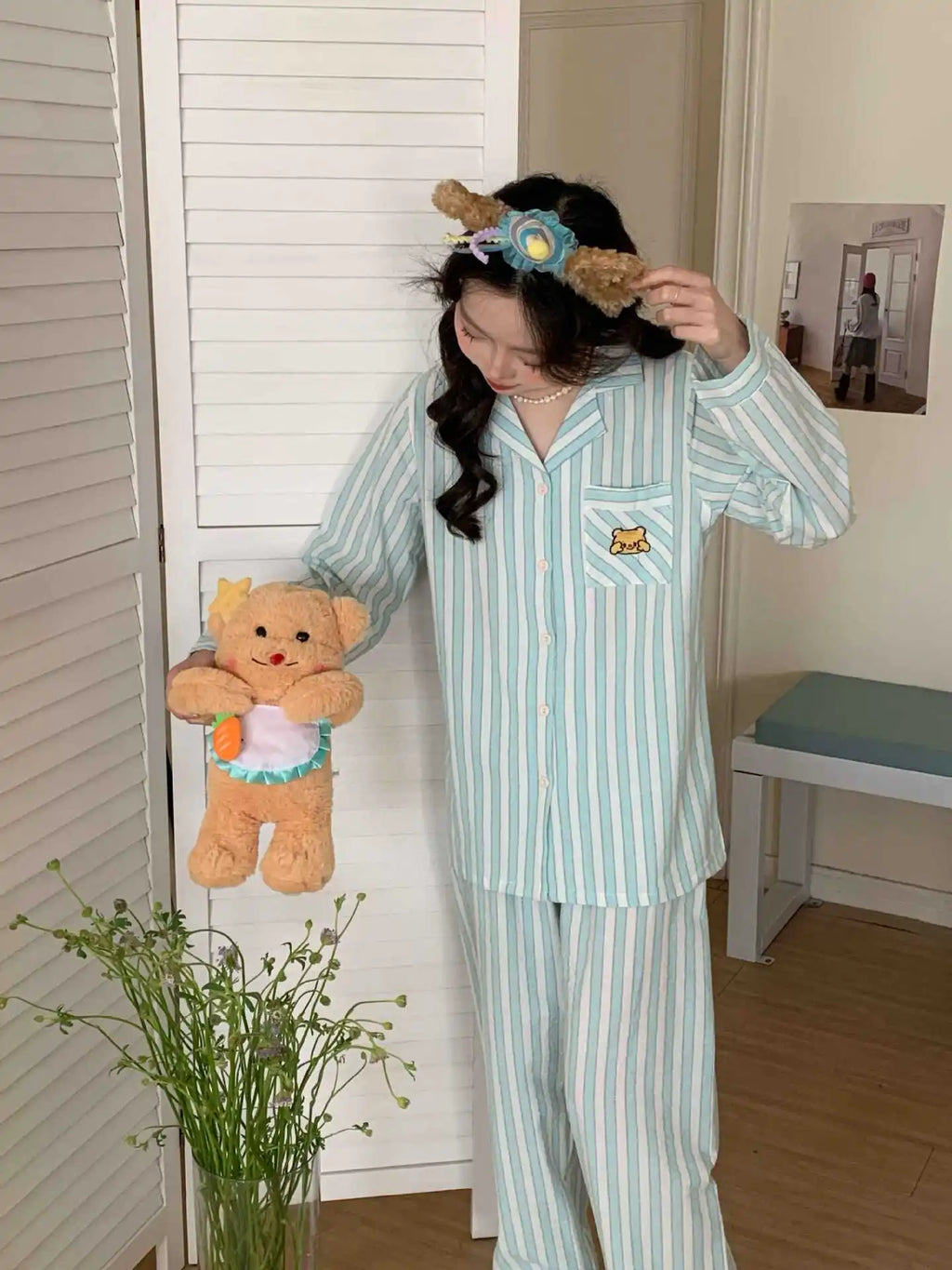 Damen Schlafanzug lang gestreift Baumwolle – Pyjama Set – Produktansicht 12