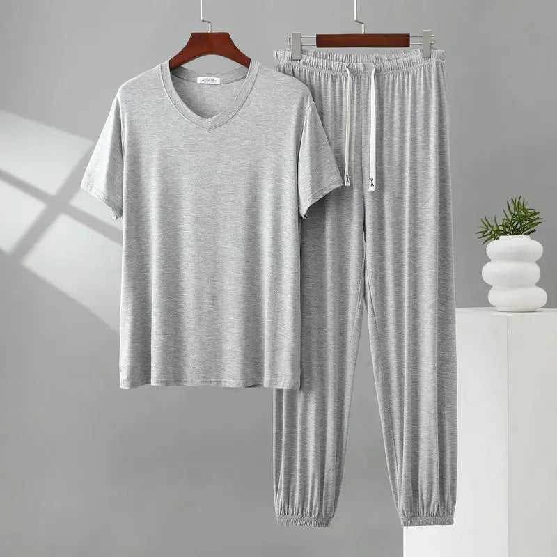 Herren Schlafanzug Modal kurzarm – Pyjama Set V-Ausschnitt – Produktansicht 21