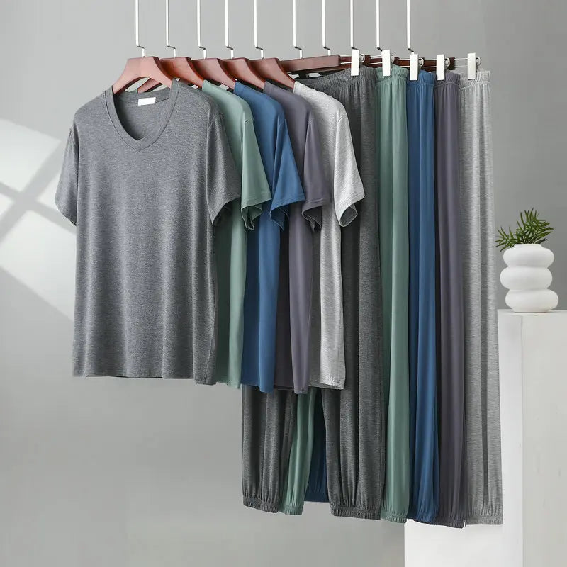 Herren Schlafanzug Modal kurzarm – Pyjama Set V-Ausschnitt – Produktansicht 5
