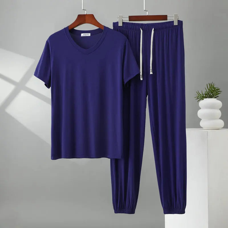 Herren Schlafanzug Modal kurzarm – Pyjama Set V-Ausschnitt – Produktansicht 28