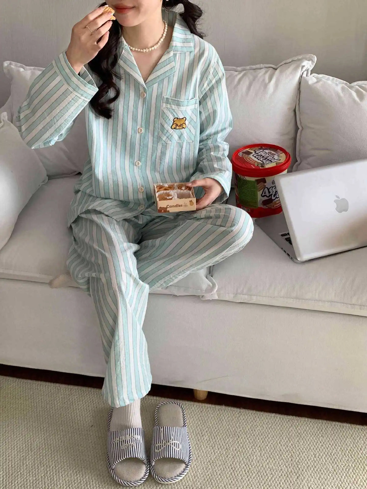 Damen Schlafanzug lang gestreift Baumwolle – Pyjama Set – Produktansicht 11