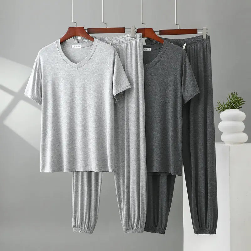 Herren Schlafanzug Modal kurzarm – Pyjama Set V-Ausschnitt – Produktansicht 6