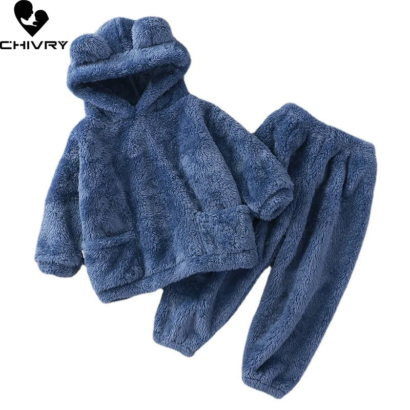 Kinder Schlafanzug Fleece Bär Kapuze – warmer Pyjama Winter – Produktansicht 2